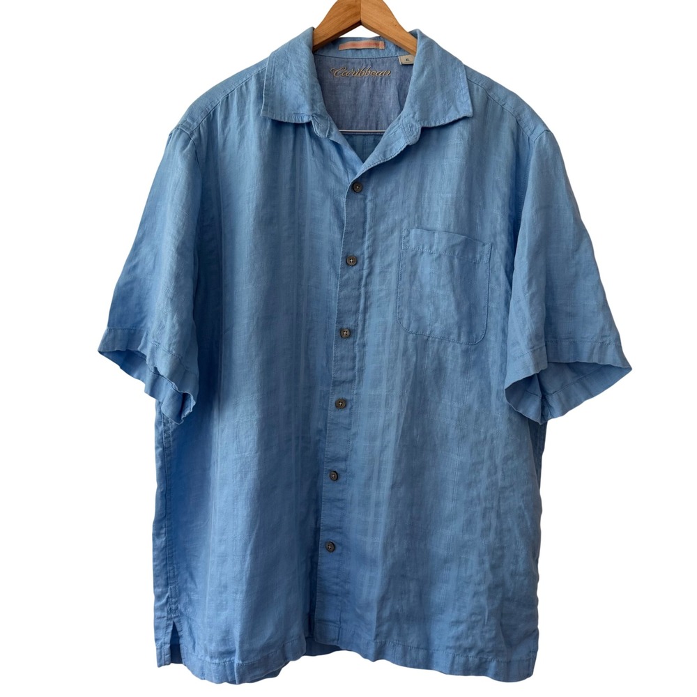 Caribbean Mens XL Blue Linen Blend Short Sleeve Button Down Camp Shirt Pocket